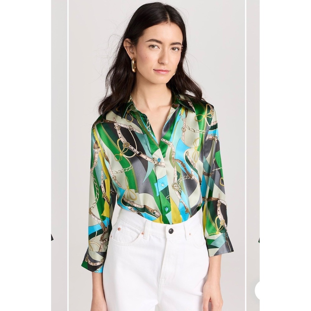 L'AGENCE Dani Blouse Sea Green Multi Belt Swirl Silk Sz L Like New Designer Chic